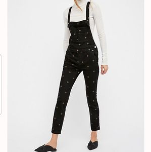 Free People embroidered black denim overalls